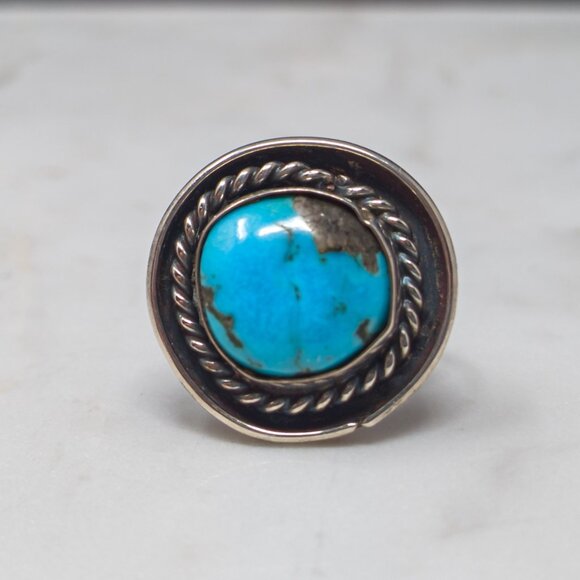 Vintage Jewelry - Vintage Sterling Turquoise Coin Ring – Southwest Style, Size 4.25